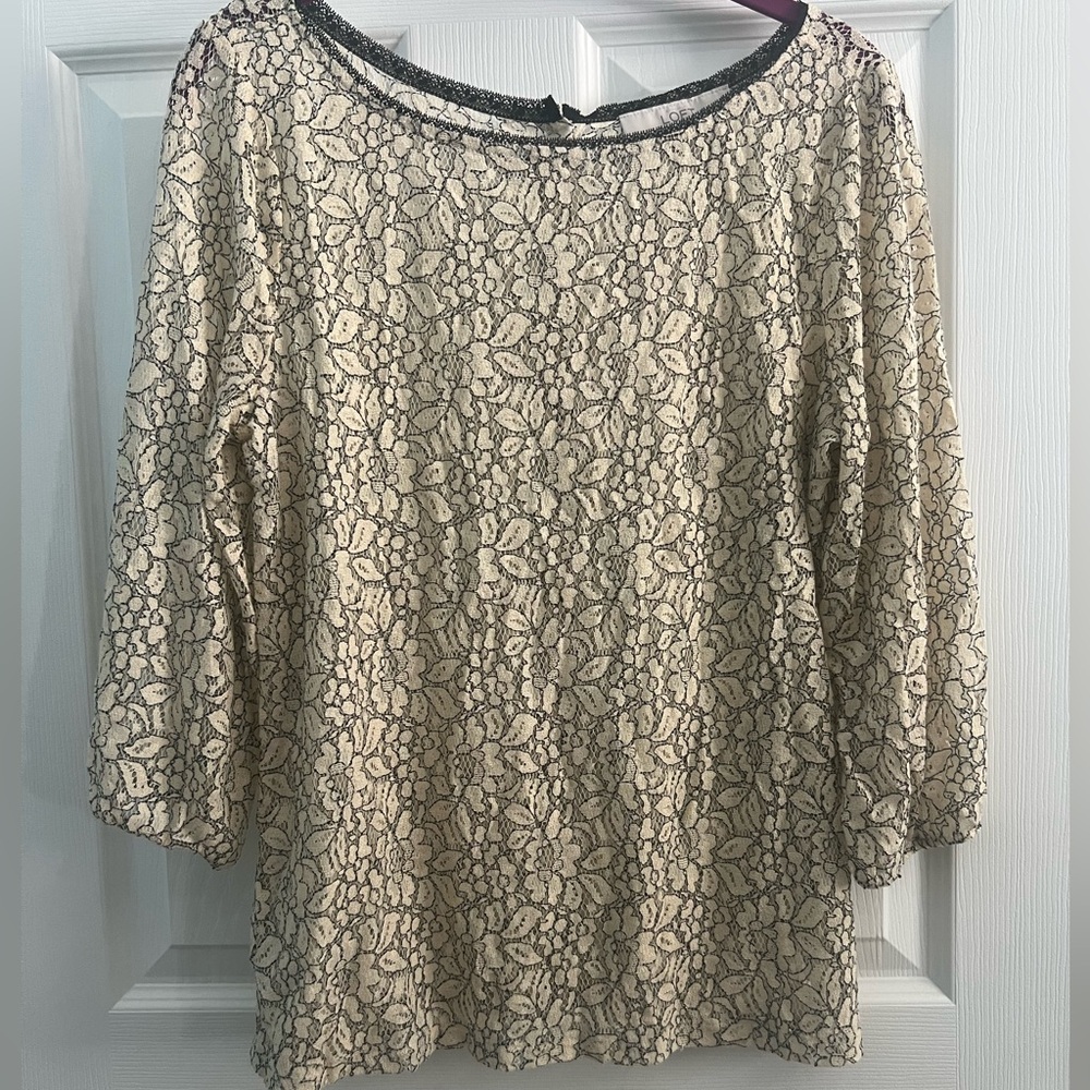 Loft Floral Lace Sheer 3/4 Shirt Cream Blouse Button Back Women Size Med